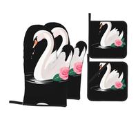 WHJSSF Swan Rose Printing Kitchen baking four-piece set Includes 2 Insulated Gloves and 2 Pot Lid Pads with Pockets anti-scalding and heat-insulating