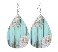 WHJSSF Teal Barn Door Floral Prints Teardrop Leather Earrings - Lightweight Dangle Earrings for Women, Vivid Color Faux Leather Drops with Silver Plated Hooks, Stylish Accessories for Parties & Gifts