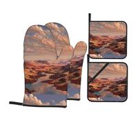 WHJSSF the Golden Red Desert Prints Kitchen baking four-piece set Includes 2 Insulated Gloves and 2 Pot Lid Pads with Pockets anti-scalding and heat-insulating