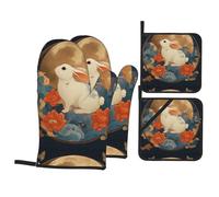 WHJSSF The Rabbit Behind the Screen Prints Kitchen baking four-piece set Includes 2 Insulated Gloves and 2 Pot Lid Pads with Pockets anti-scalding and heat-insulating