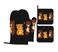 WHJSSF Three Little Bears Eating Honey Prints 4-Piece Oven Mitts & Pot Holders Set - Waterproof Kitchen Layers & Heat Resistant Grip - Durable Throw for Cooking, Baking & BBQ