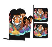 WHJSSF Tiger On The Colorful Reef Prints 4-Piece Waterproof Oven Throws & Heat Resistant Pot Covers - Durable Kitchen Layers for Grilling & Baking