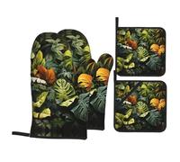 WHJSSF Tropical Rainforest Palm Leaves Prints 4-Piece Waterproof Oven Throws & Heat Resistant Pot Covers - Durable Kitchen Layers for Grilling & Baking