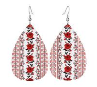 WHJSSF Ukrainian Embroidery Style Rose Prints Dangle Water Drop Earrings - Chic Faux Leather Drops for Festive & Everyday Style