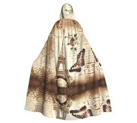 WHJSSF Vintage Paris Eiffel Tower Butterfly Prints Hooded Cloak - Long Costume Throw, Soft Halloween Layer & Drawstring Tie