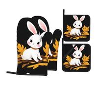 WHJSSF White Rabbit On Dead Leaves Prints 4-Piece Oven Mitts & Pot Holders Set - Waterproof Kitchen Layers & Heat Resistant Grip - Durable Throw for Cooking, Baking & BBQ