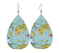 WHJSSF World Map Prints Teardrop Leather Earrings - Lightweight Dangle Earrings for Women, Vivid Color Faux Leather Drops with Silver Plated Hooks, Stylish Accessories for Parties & Gifts
