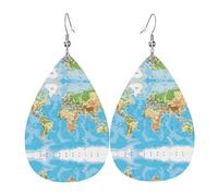 WHJSSF World Map Prints Teardrop Leather Earrings - Stylish Dangle Drops for Women, Lightweight Jewelry with Silver-Plated Hooks, Vibrant Colors for Parties & Gifts