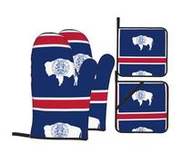 WHJSSF Wyoming State Flag Oven Mitts and Pot Holders Set, Waterproof Polyester, Heat-Resistant, Black, 4 Piece