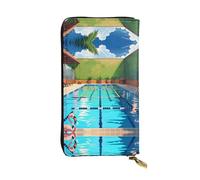 WHJWXC Leather Wallet 7.48 x 4.13 in - Stylish and Durable Wallet for Women with Multiple Compartments and Zipper Design Flamingo and swimming pool Pattern, Black, One Size
