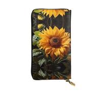 WHJWXC Leather Wallet 7.48 x 4.13 in - Stylish and Durable Wallet for Women with Multiple Compartments and Zipper Design yellow sunflower on a brown background Printing, Black, One Size