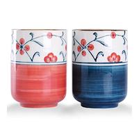 WHJY 10oz Transitional Chinese/Japanese Style Handle-Less Ceramic Tea Accessories, Tea Cups Teacup, Red Flora Pattern Set of 2