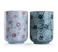 WHJY 10oz Transitional Chinese / Japanese style Handle-less Ceramic Tea cups teacup, Cherry Bloom and Geometric Pattern Set of 2, Blue & Red Flower