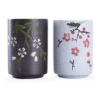 WHJY 10oz Transitional Chinese/Japanese style Handle-less Ceramic Tea cups teacup, Flora Pattern Set of 2