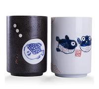 WHJY 10oz Transitional Chinese/Japanese style Handle-less Ceramic Tea cups teacup, Puffer Pattern Set of 2
