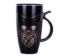 WHJY 20oz Large Black Cute Cat Ceramic Coffee Mug Cup with Splash-proof Lid, Cat Tail Shape Handle, Animal Cat Mug Tumbler (black)