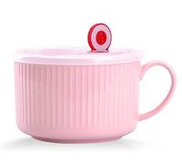WHJY 30oz Ceramic Bowl with Lid and Handle for Soup and Instant Noodles Mug, Modern Simple Style, with Heat Preservation Handle - Pink