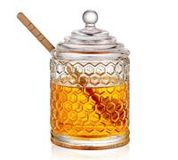 WHJY 9oz Honey Pot with Dipper Small Honey Jar with Dipper Cut Honey Combs Containers Clear Glass Honey Jar with Hive Shape Lid