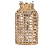 WHJY Boho Glass Vase, Rattan Vase, Farmhouse Rattan Décor, Round Flower Vase Basket Vase for Floral Arrangements -8 inch
