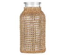 WHJY Boho Glass Vase, Rattan Vase, Farmhouse Rattan Décor, Round Flower Vase Basket Vase for Floral Arrangements -6.3 inch