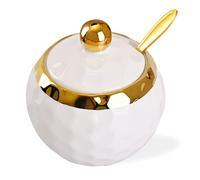 WHJY Ceramic Sugar Bowl with Lid and Spoon, Golf Design Porcelain Salt Bowl Salt Container, Modern Spice Box Seasoning Jar for Home and Kitchen Coffee Bar - White