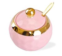 WHJY Ceramic Sugar Bowl with Lid and Spoon, Golf Design Porcelain Salt Bowl Salt Container, Modern Spice Box Seasoning Jar for Home and Kitchen Coffee Bar - Pink