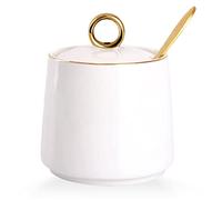 WHJY Ceramic Sugar Bowl with Lid and Spoon, Simple White Clear Porcelain Salt Bowl Salt Container, Modern Spice Box Seasoning Jar for Home and Kitchen Coffee Bar - White