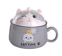 WHJY Cute Ramen Bowl Set，Kitty Ramen Bowl with Lid, Microwavable Ramen Cooker for Instant Ramen Noodles Soup Cups with Lid - 35 oz, Grey