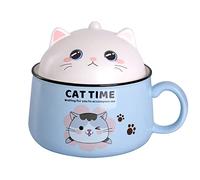 WHJY Cute Ramen Bowl Set，Kitty Ramen Bowl with Lid, Microwavable Ramen Cooker for Instant Ramen Noodles Soup Cups with Lid - 35 oz,Blue