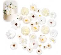 WHJYCC 25PCS Artificial Flower Heads for Cake Decorations - Realistic Small Silk Blooms for DIY Wedding Crafts, Party Home Decor, Floral Wall Panels, Bridal Bouquets, Party Tables (White Mix)