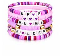 WHJYCC Inspired Stretch Bracelet Set - Pink Purple Stackable Letter Bead Bracelets with Heart Charms, Gold Tone Spacers, Elastic Friendship Jewellery for Girls Teens Fans, Birthday Gift