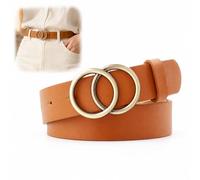 WHJYCC Mocha Women's Belt with Double-Ring Gold Buckle & Durable Faux Leather - Adjustable Slim Strap for Dresses, Jeans, High-Waist Trousers, Chic Fashion Accessory with Matte Finish