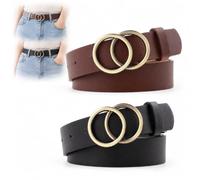 WHJYCC Mocha Women's Belt with Double-Ring Gold Buckle & Durable Faux Leather - Adjustable Slim Strap for Dresses, Jeans, High-Waist Trousers, Chic Fashion Accessory with Matte Finish