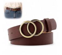 WHJYCC Mocha Women's Belt with Double-Ring Gold Buckle & Durable Faux Leather - Adjustable Slim Strap for Dresses, Jeans, High-Waist Trousers, Chic Fashion Accessory with Matte Finish