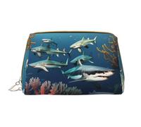 WHJYCC Sharks under the sea Cosmetic Bag, Large Waterproof Leather Cosmetic Bag, Portable Toiletry Bag for Women with Zipper, Travel Essentials, White, One Size
