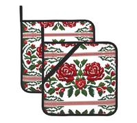 WHJYYXDE Pot Holders Sets of 2 8x8in - Durable, Anti-Scalding Insulation - Waterproof Fabric - Red Farmhouse Design Embroidery Style Rose Pattern