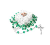WHLHMK Catholic Rosary Beads With Vintage Jewelry Box, Green Crystal Necklace, First Communion Gift for Girls & Boys