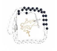 WHLHMK Rosary Beads Catholic for Women With Leather Rosary Pouch, Black Beads Rose Rosary Necklace with White Leather Pouch, Anglican Prayer Beads Christian Gifts for Women Catholic Gifts, Zinc, No