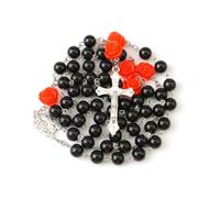 WHLHMK Rosary Beads Catholic for Women With Leather Rosary Pouch, Black Beads Rose Rosary Necklace with White Leather Pouch, Anglican Prayer Beads Christian Gifts for Women Catholic Gifts, Zinc, No