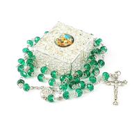 WHLHMK Rosary Beads Catholic for Women With Vintage Jewelry Box, Green Crystal Necklace with Metal Gift Box, First Communion Rosary for Anglican Prayer Beads Catholic Gifts