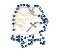 WHLHMK Rosary Beads for Women With Box, Blue Crystal Catholic Necklace, Last Supper Vintage Jewelry Box, Anglican Prayer Beads Christian Gifts, Leather Metal, No Gemstone