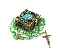 WHLHMK Rosary Beads for Women With Vintage Jewelry Box, Green Crystal Necklace, Metal Gift Box - First Communion for Girls and Boys, Anglican Prayer Beads, Catholic Gifts