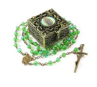 WHLHMK Rosary Beads for Women With Vintage Jewelry Box, Green Crystal Necklace, Metal Gift Box - First Communion for Girls and Boys, Anglican Prayer Beads, Catholic Gifts