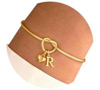 Whltzf Stylish Letter Heart Knot Wrist Chain Stainless Steel 14K Gold Plated Adjustable Jewelry Women Heart Knot Friendship