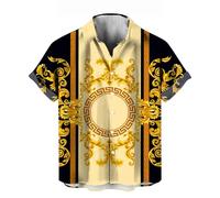 WHNBCW Funny Gold Floral Shirt Fashion Hip Hop Graphic Short Sleeved Button Shirt, Beige, XL