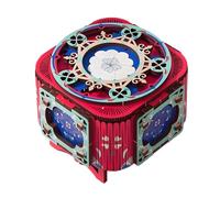 WHNICUST 3D Wooden Puzzle Music Box with Light Up Four-Leaf Clover, DIY Mechanical Model Kit, Desktop Decoration Jewelry Box for Adults, Birthday (Rose Red)