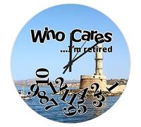 Who Cares I am Retired Clock Who Cares I'm Retired Greece Crete Silent Non Ticking Round Battery Operated Wall Clock, Novelty Large Hanging Clock 12", Retirement Gift Clock