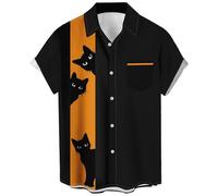 WHO IN SHOP Men's Halloween Shirts Cute Scary Horror Short Sleeve Button Up Shirt, Black Cat, XXL