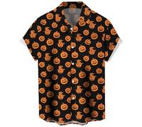 WHO IN SHOP Men's Halloween Shirts Cute Scary Horror Short Sleeve Button Up Shirt, Halloween-orange Pumpkin, 3XL