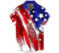 WHO IN SHOP Men's Patriotic-red Blue-flag 3XL Casual Patriotic Button-Down Short Sleeve Button Up USA Memorial Day Shirts